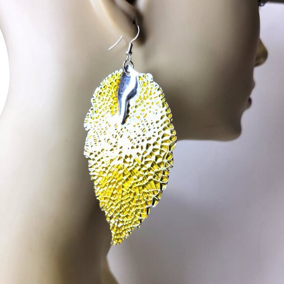 Leaf Style Earrings Large Yellow Light Long Earrings - Picture 2 of 6